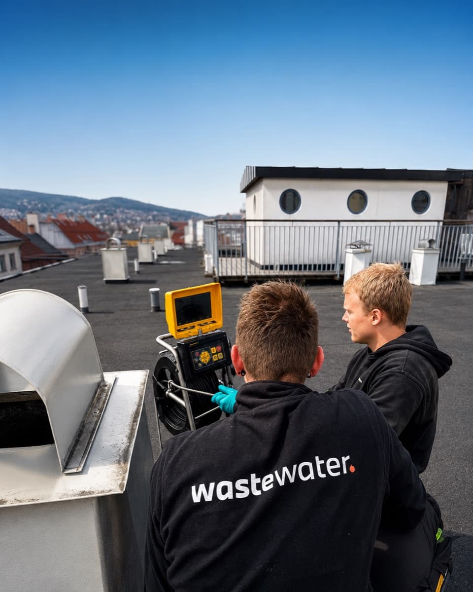 To WasteWater-teknikere utfører kamerainspeksjon av avløp på et tak